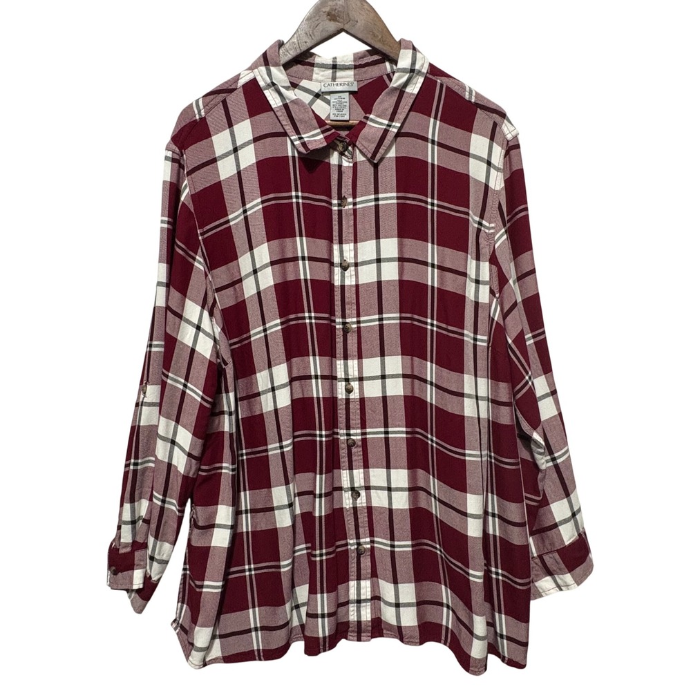 Catherines Womens Tunic Top 2X Red Plaid Paisley Mixed Print Whimsy Boho Western